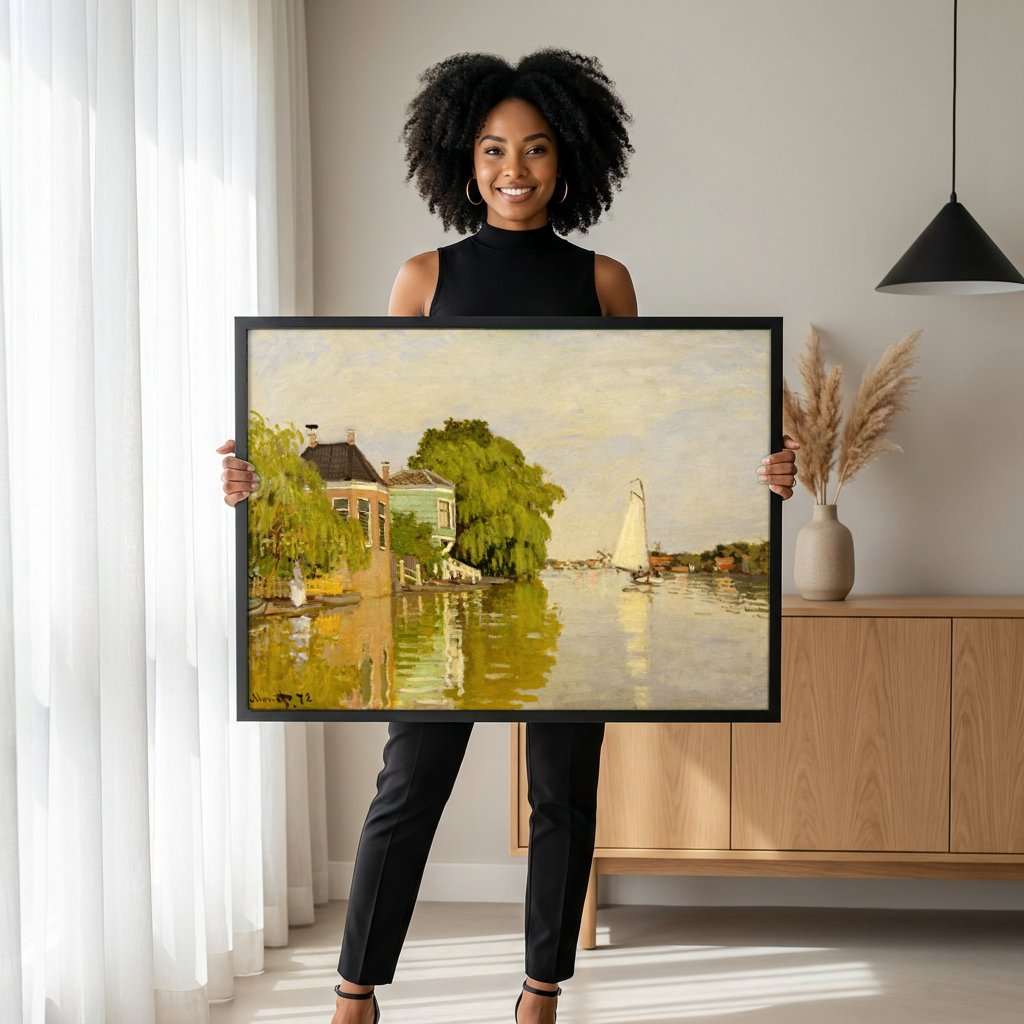 Quadro Decorativo Casas à Beira do Canal - Monet com modelo em ambiente