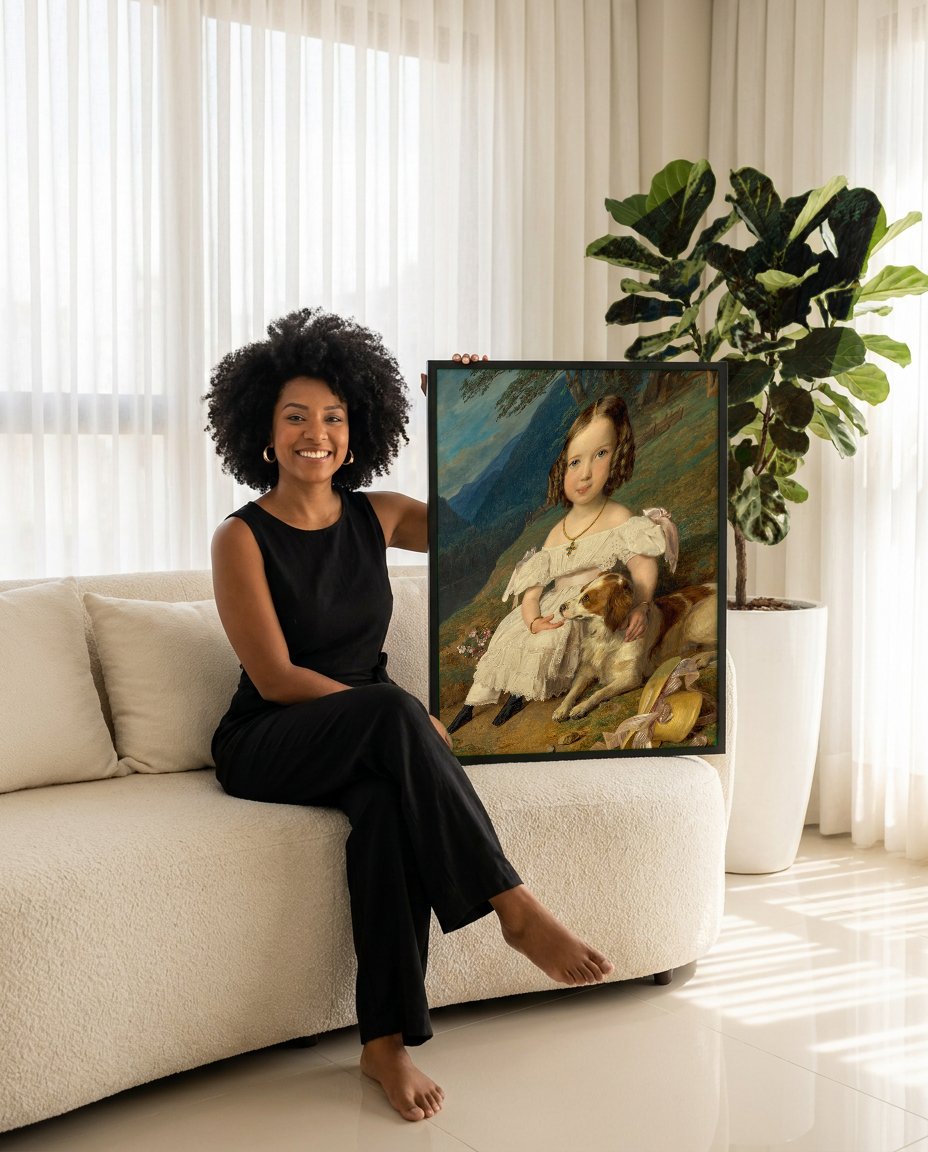 Quadro Decorativo Criança e Cão - Ferdinand Georg Waldmüller com modelo em ambiente