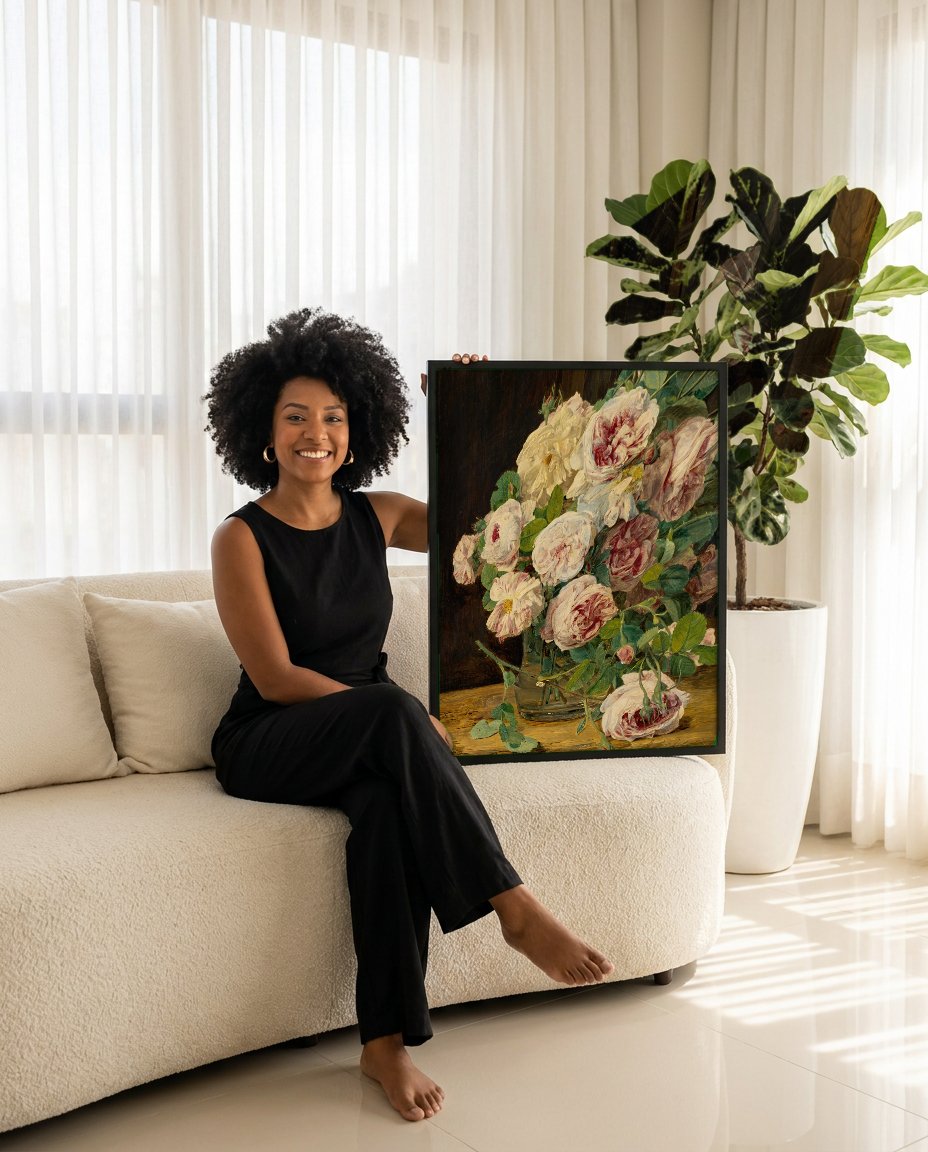 Quadro Decorativo Rosas em Vaso - Ferdinand Georg Waldmüller com modelo em ambiente