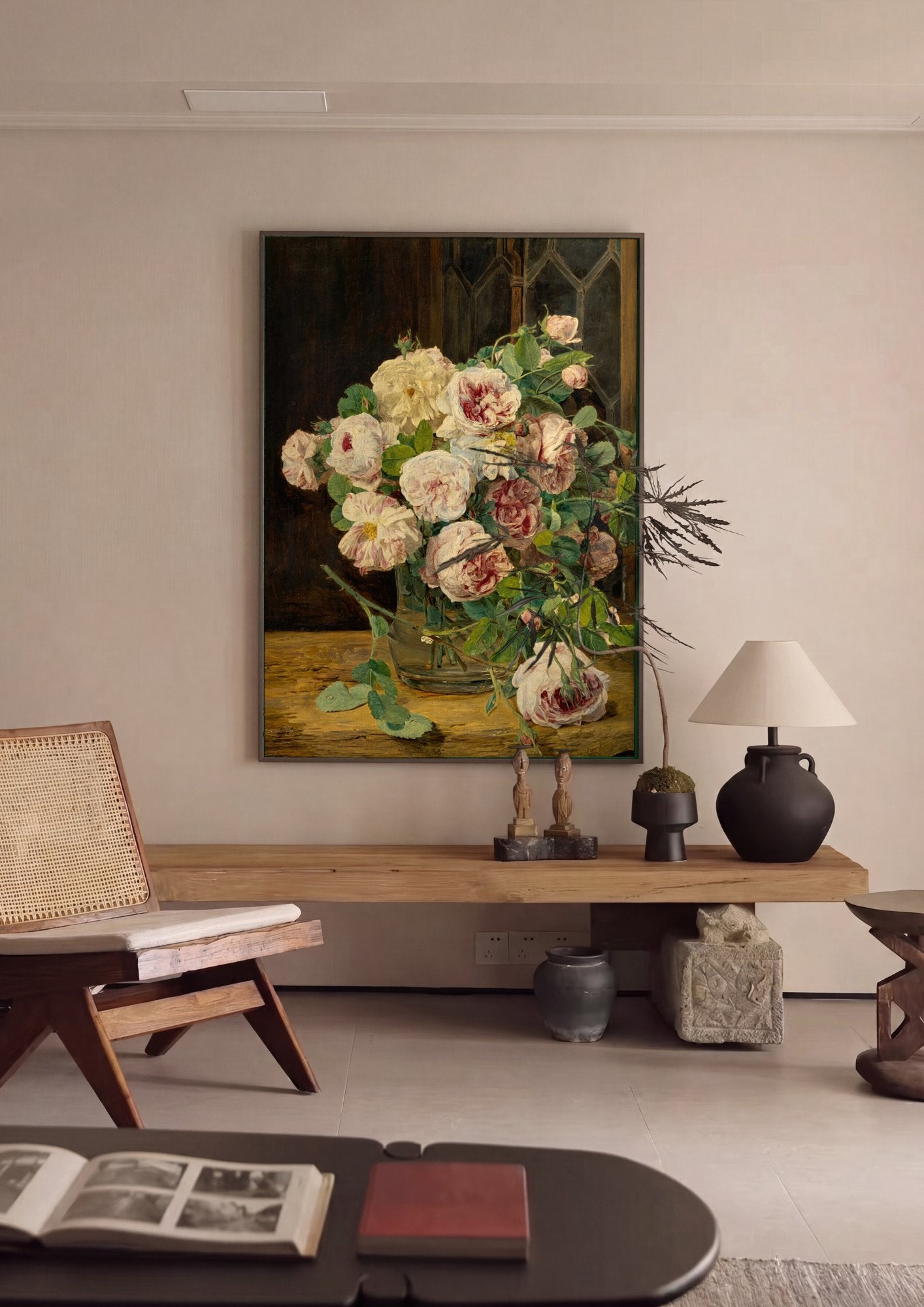 Quadro Decorativo Rosas em Vaso - Ferdinand Georg Waldmüller em ambiente decorado