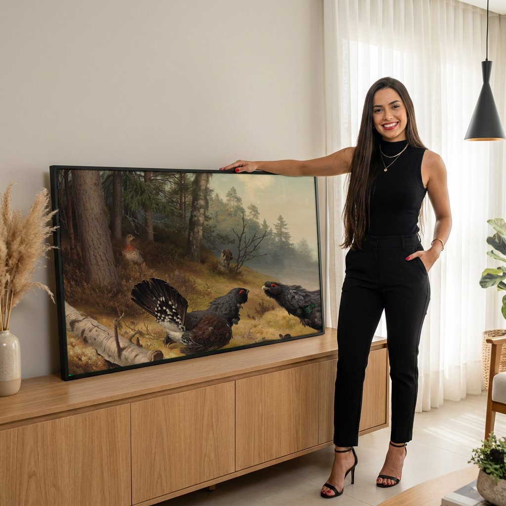 Quadro Decorativo Capercaillies - Ferdinand von Wright com modelo em ambiente