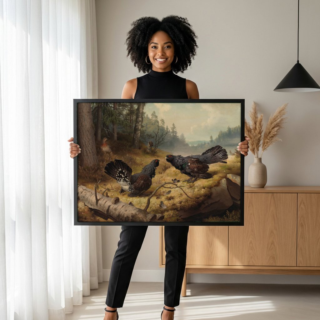 Quadro Decorativo Capercaillies - Ferdinand von Wright com modelo em ambiente
