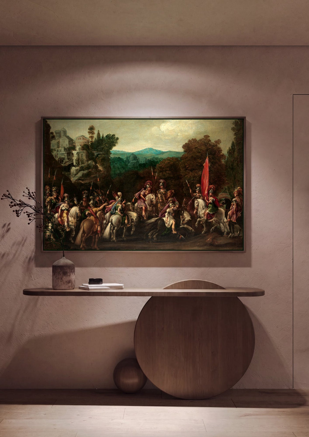 Pintura barroca de Claude Deruet, "A Partida das Amazonas", exibindo um grupo de guerreiras amazonas em cavalos, prontas para a batalha, em uma paisagem montanhosa com arquitetura clássica ao fundo e árvores exuberantes.