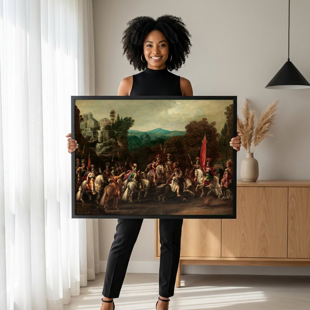 Quadro Decorativo A Partida das Amazonas - Claude Deruet com modelo em ambiente