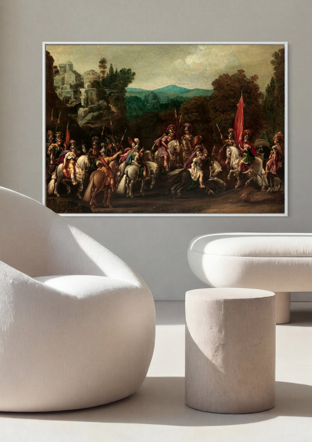 Pintura barroca de Claude Deruet, "A Partida das Amazonas", exibindo um grupo de guerreiras amazonas em cavalos, prontas para a batalha, em uma paisagem montanhosa com arquitetura clássica ao fundo e árvores exuberantes.