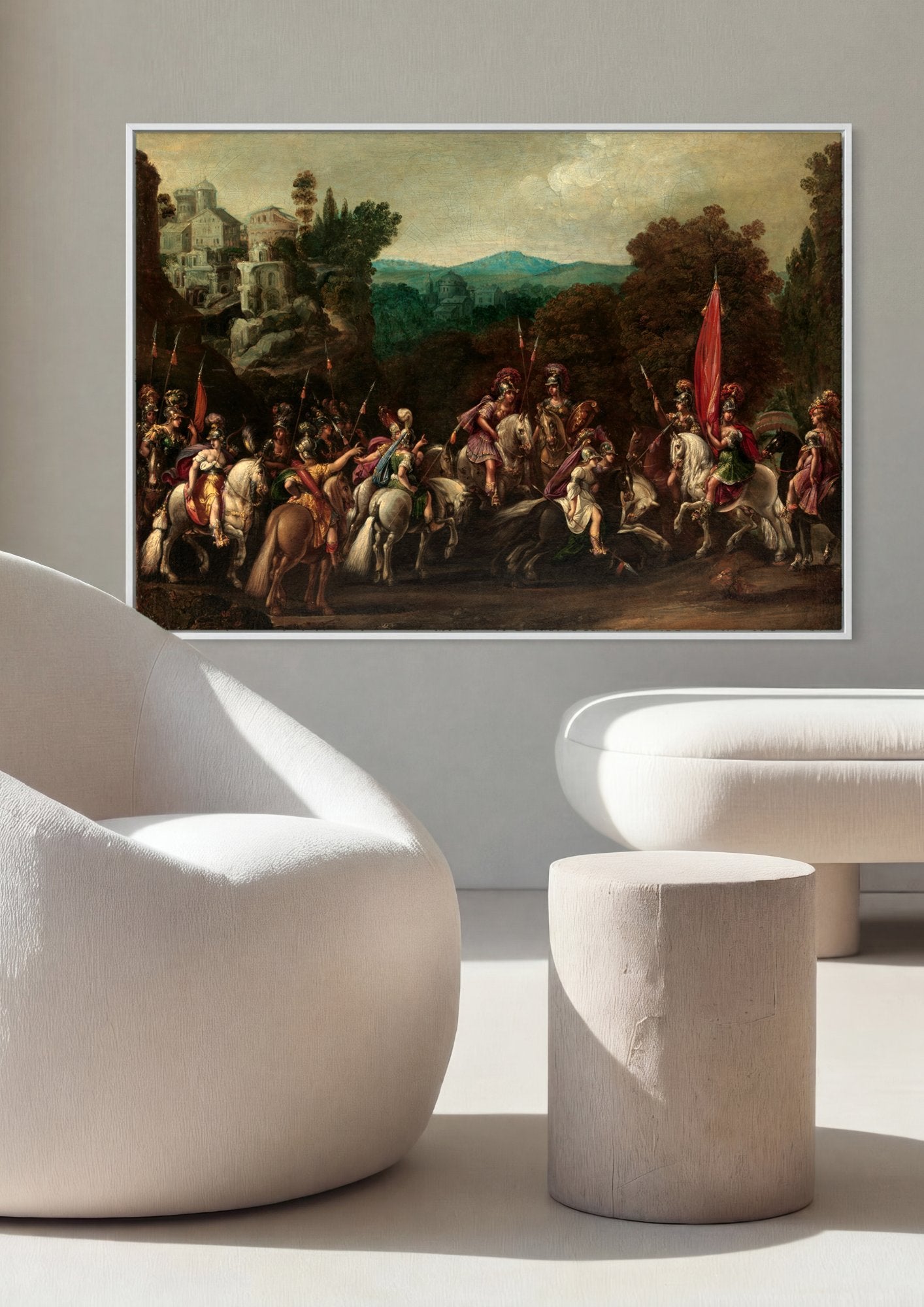 Pintura barroca de Claude Deruet, "A Partida das Amazonas", exibindo um grupo de guerreiras amazonas em cavalos, prontas para a batalha, em uma paisagem montanhosa com arquitetura clássica ao fundo e árvores exuberantes.