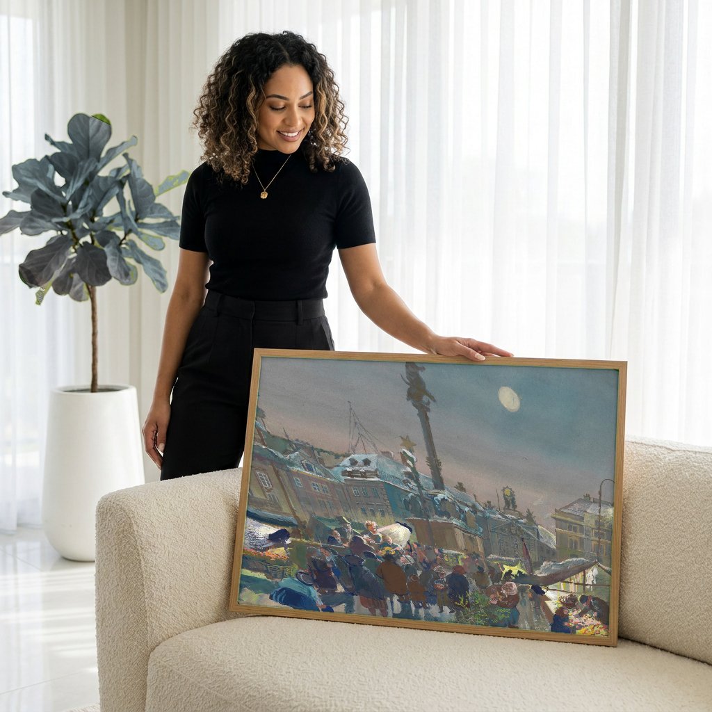 Quadro Decorativo Mercado Noturno de Natal - Oskar Laske com modelo em ambiente