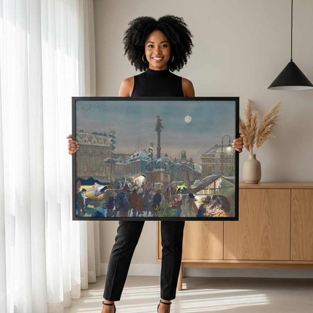 Quadro Decorativo Mercado Noturno de Natal - Oskar Laske com modelo em ambiente