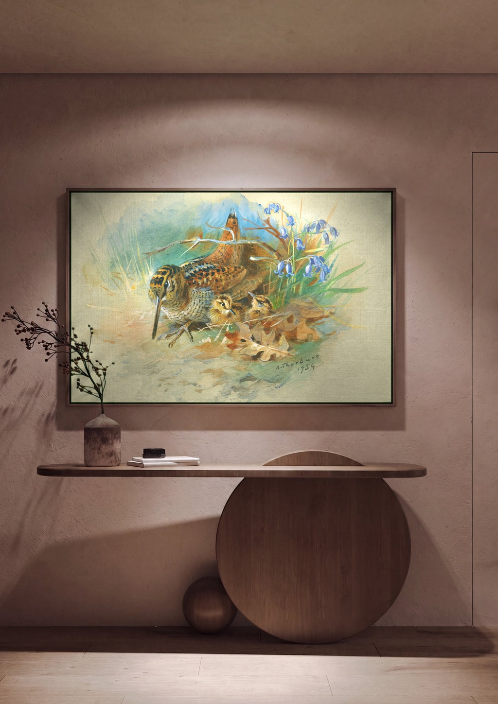 Quadro Decorativo Aves e Filhotes na Natureza - Thorburn em ambiente decorado