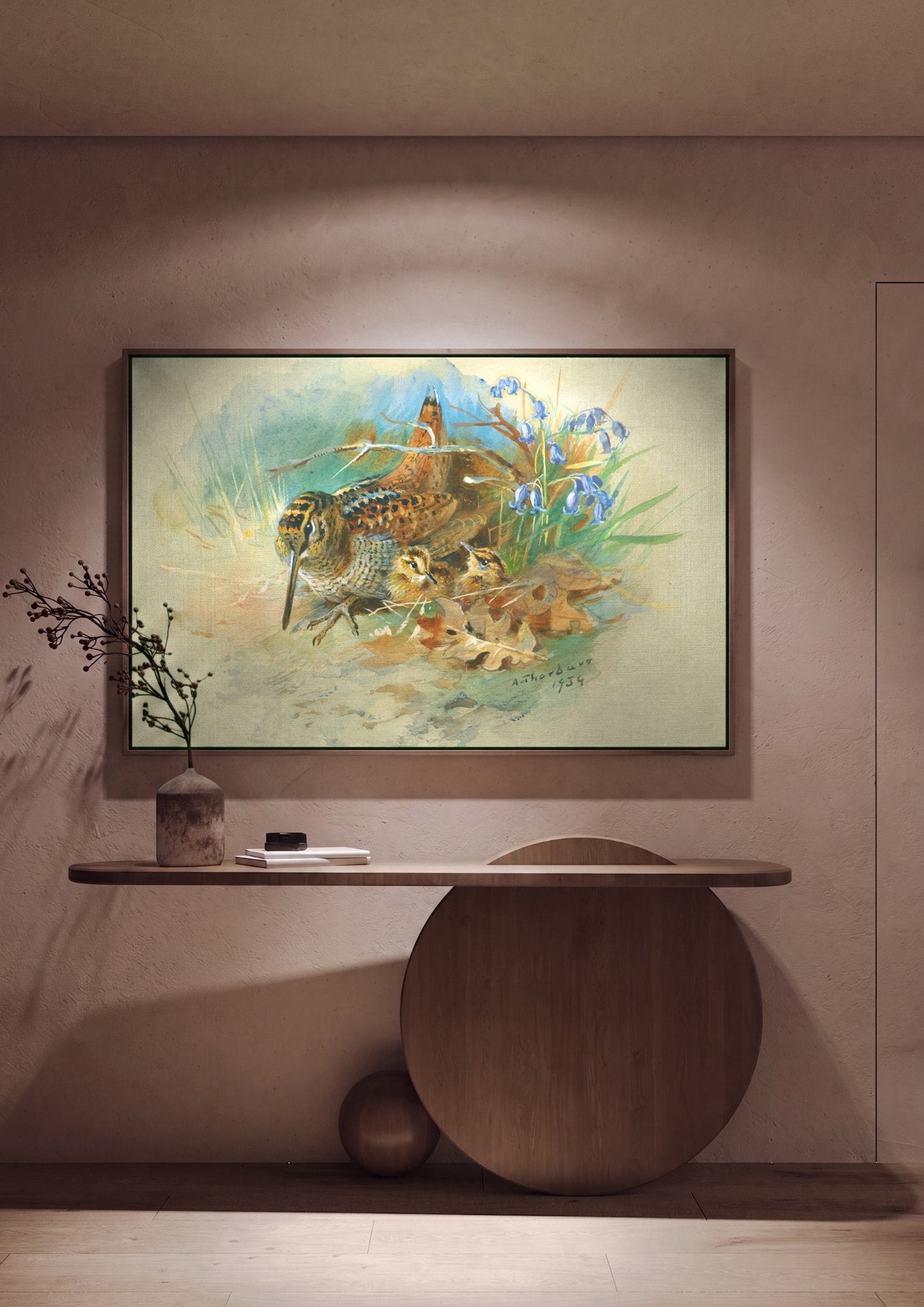 Quadro Decorativo Aves e Filhotes na Natureza - Thorburn em ambiente decorado