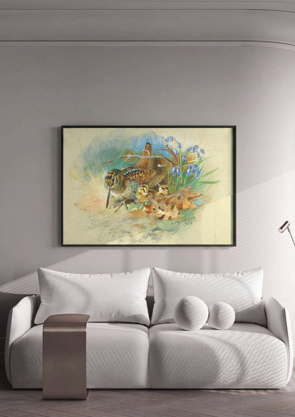 Quadro Decorativo Aves e Filhotes na Natureza - Thorburn em ambiente decorado
