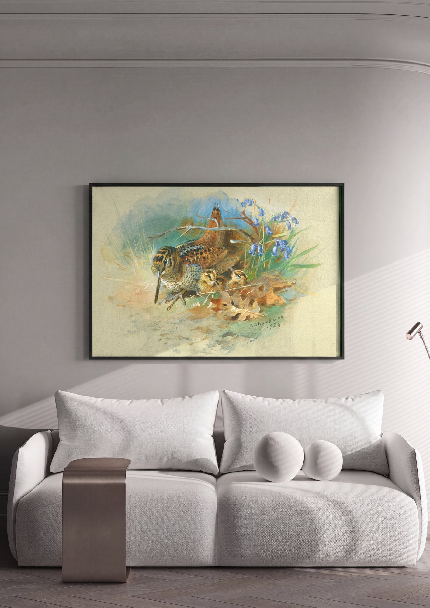 Quadro Decorativo Aves e Filhotes na Natureza - Thorburn em ambiente decorado