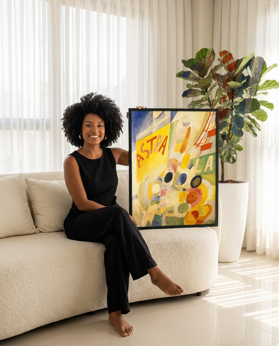 Quadro Decorativo ASTRA - Robert Delaunay com modelo em ambiente