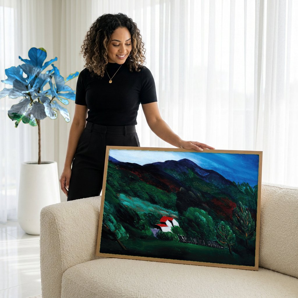 Quadro Decorativo Campo com Casa Branca - Moïse Kisling com modelo em ambiente