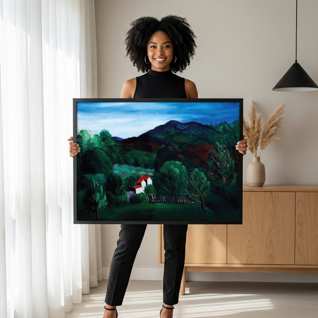 Quadro Decorativo Campo com Casa Branca - Moïse Kisling com modelo em ambiente
