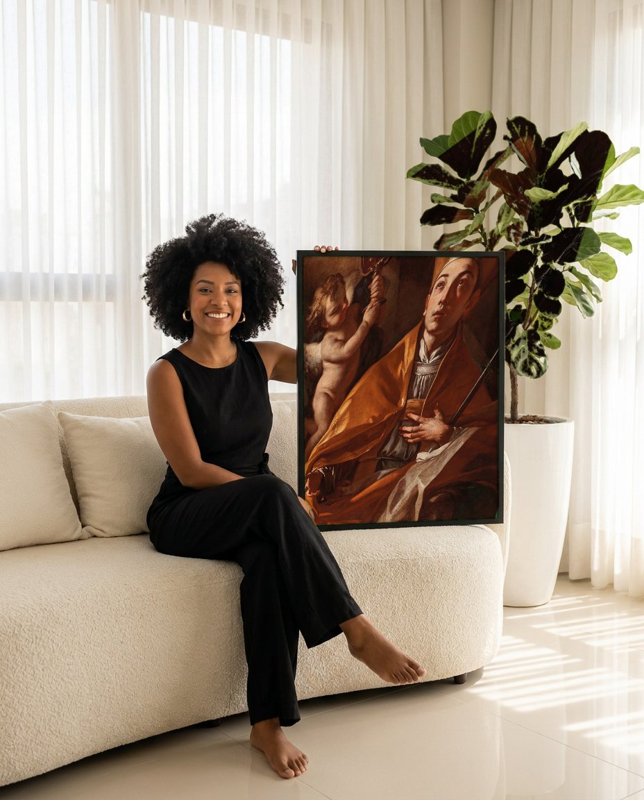Quadro Decorativo Apolo e Mársias - Francesco Solimena com modelo em ambiente