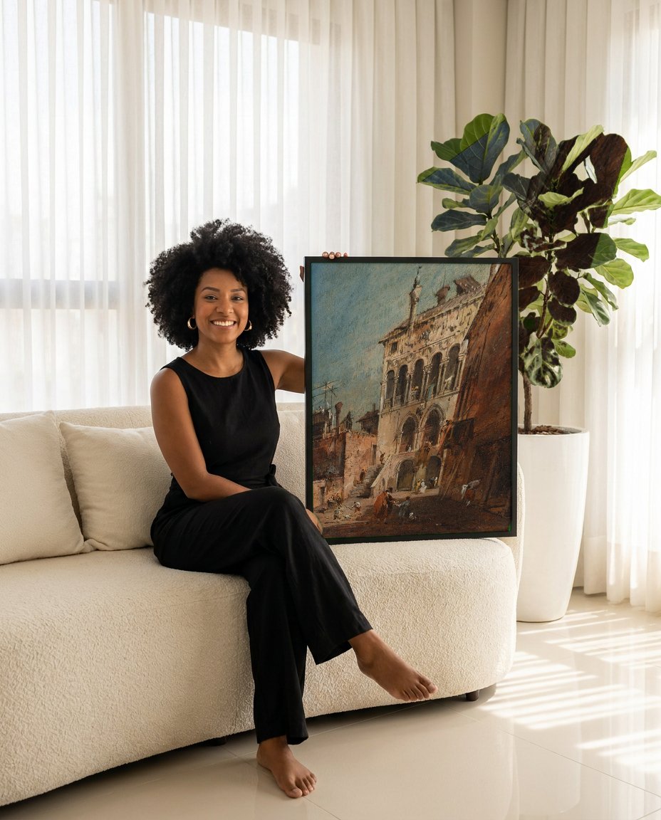 Quadro Decorativo Pátio Veneziano - Francesco Guardi com modelo em ambiente