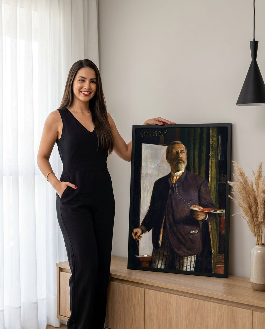 Quadro Decorativo Autorretrato com Pincel e Paleta - Arnold Böcklin com modelo em ambiente