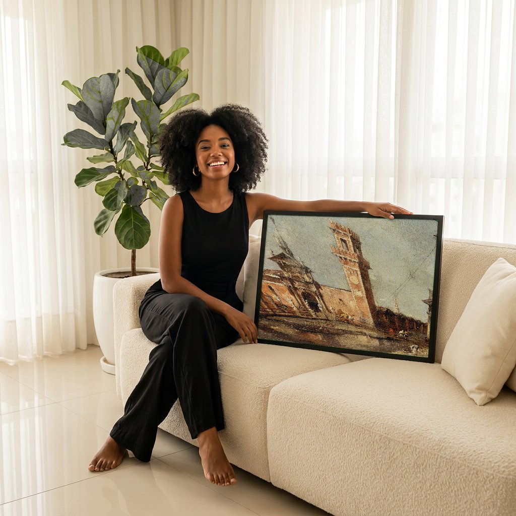 Quadro Decorativo Vista de Veneza - Francesco Guardi com modelo em ambiente