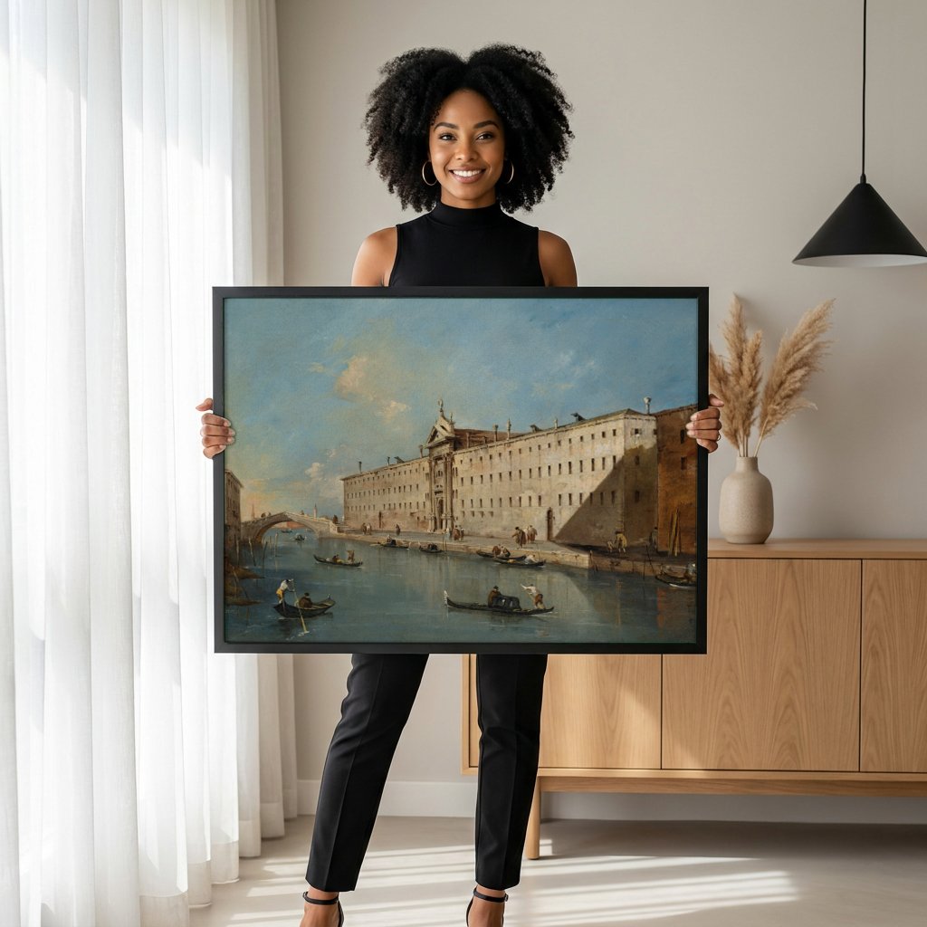 Quadro Decorativo Canal em Veneza - Francesco Guardi com modelo em ambiente