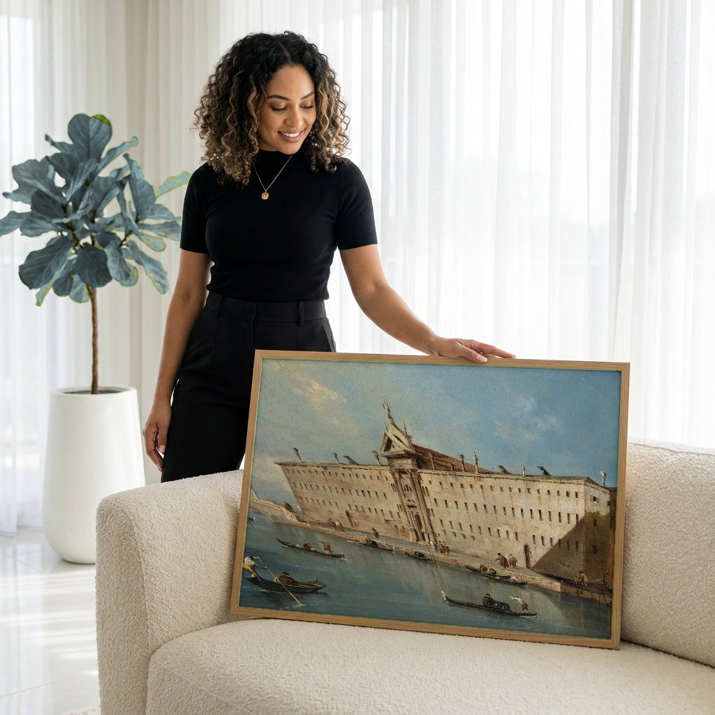Quadro Decorativo Canal em Veneza - Francesco Guardi com modelo em ambiente