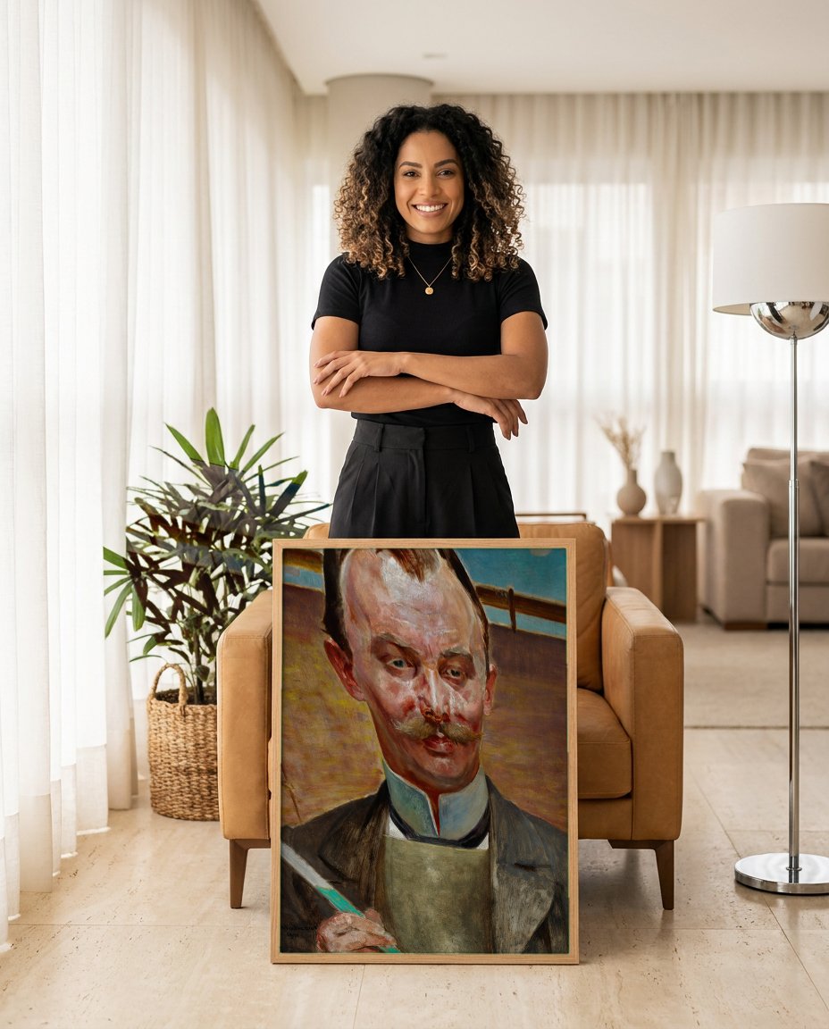 Quadro Decorativo 'Autorretrato com pincel' - Jacek Malczewski com modelo em ambiente