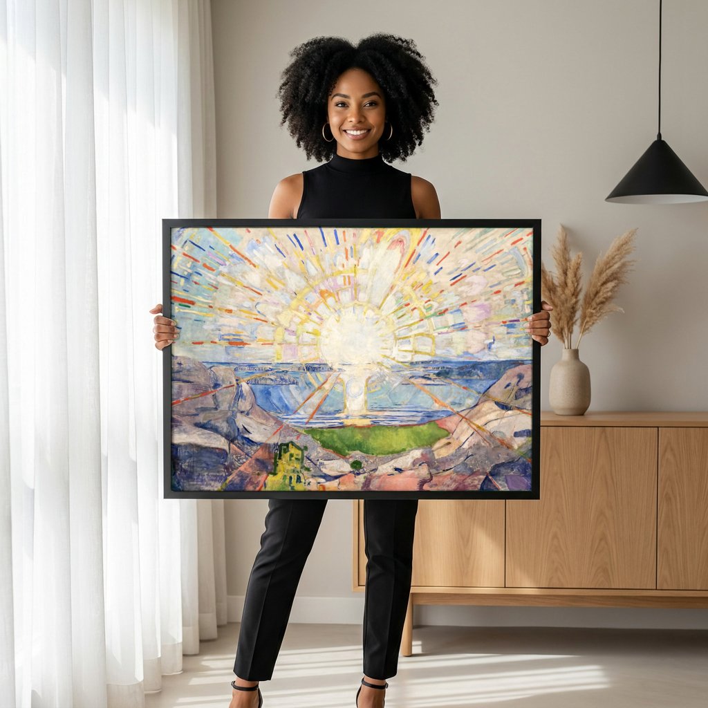 Quadro Decorativo O Sol - Edvard Munch com modelo em ambiente