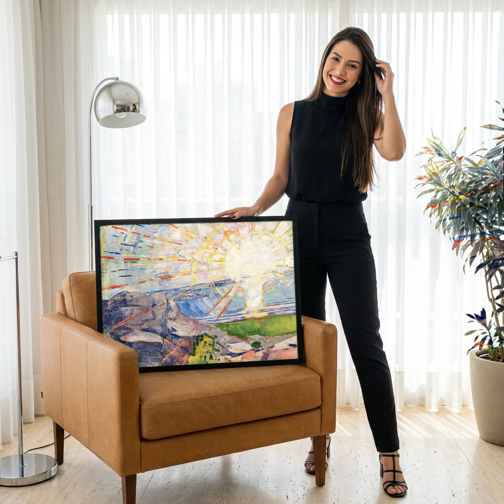 Quadro Decorativo O Sol - Edvard Munch com modelo em ambiente