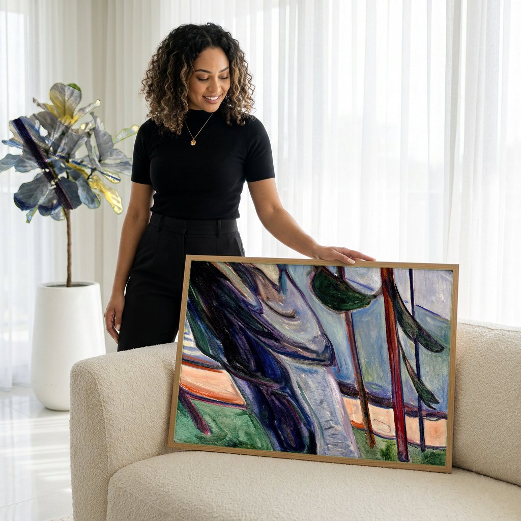 Quadro Decorativo O Beijo - Edvard Munch com modelo em ambiente