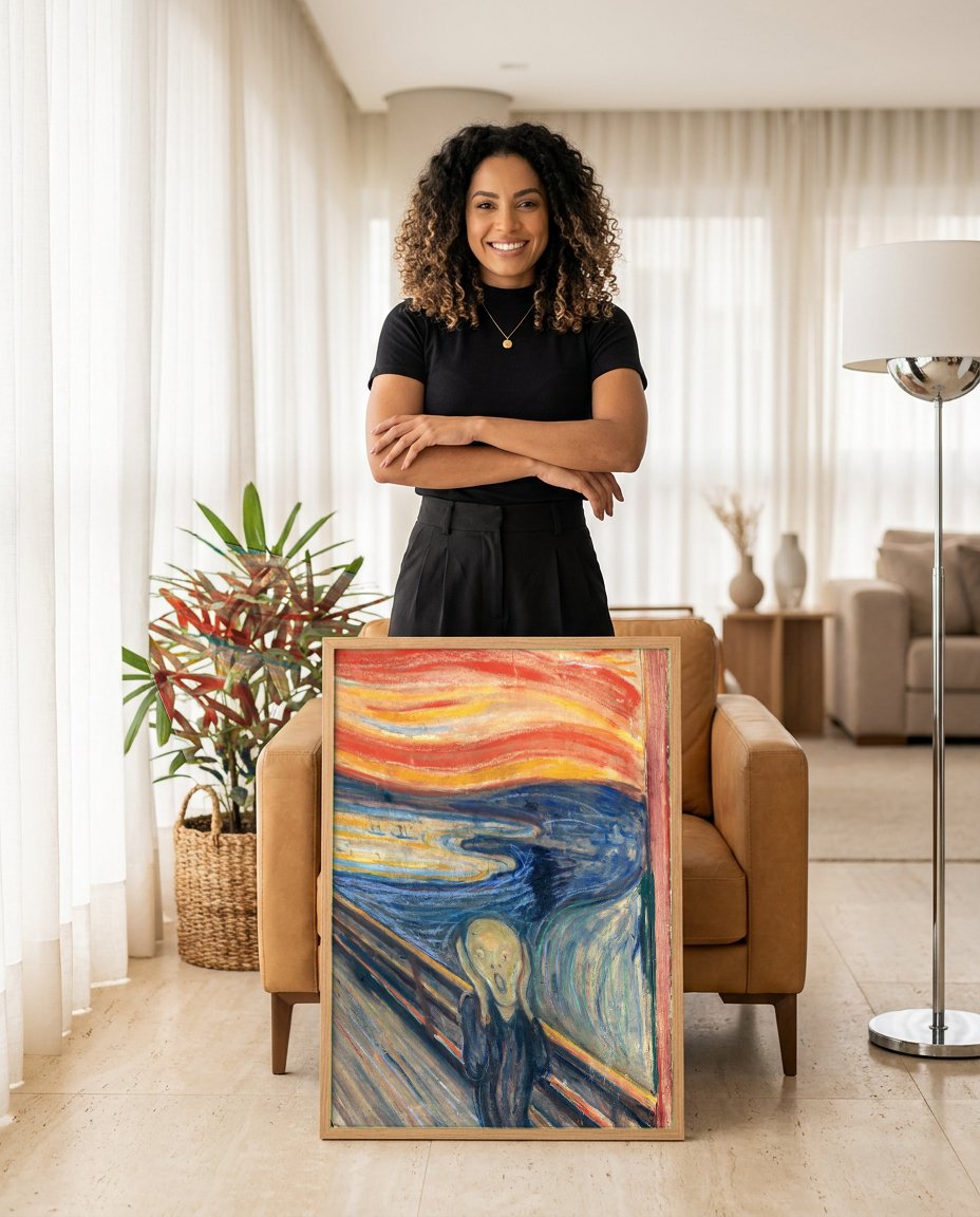 Quadro Decorativo O Grito - Edvard Munch com modelo em ambiente