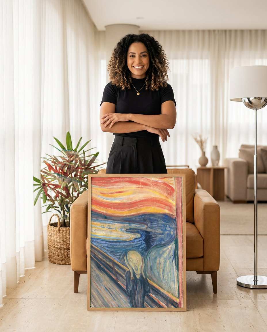 Quadro Decorativo O Grito – Edvard Munch com modelo em ambiente