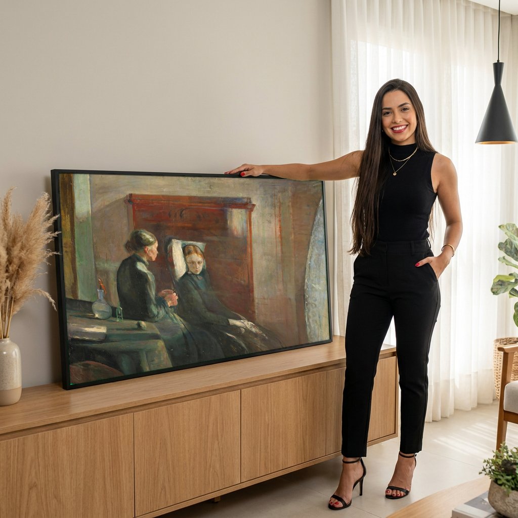 Quadro Decorativo A Doente - Edvard Munch com modelo em ambiente