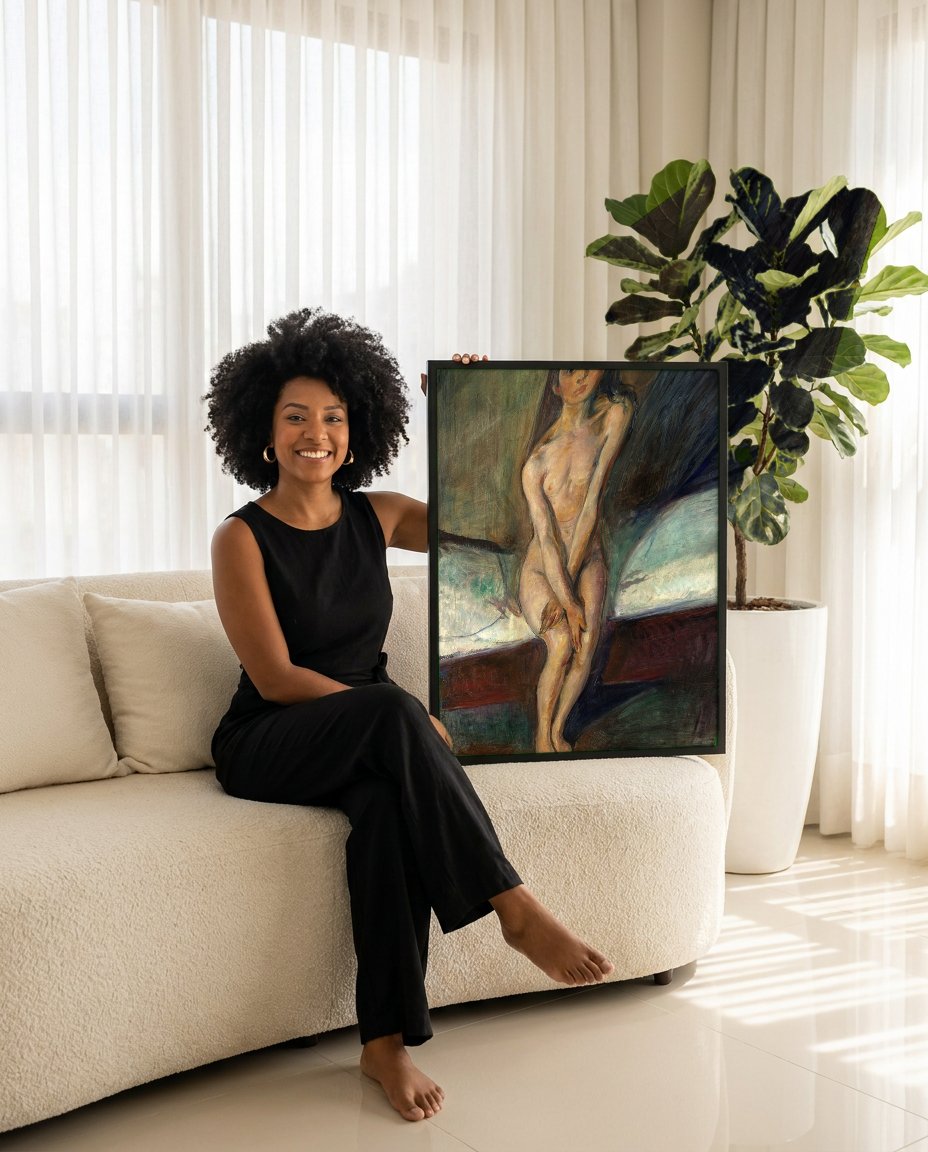 Quadro Decorativo Puberdade - Edvard Munch com modelo em ambiente