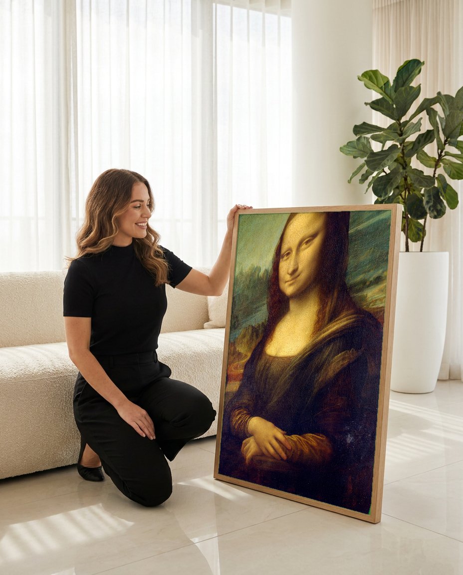 Quadro Decorativo Mona Lisa - Da Vinci com modelo em ambiente