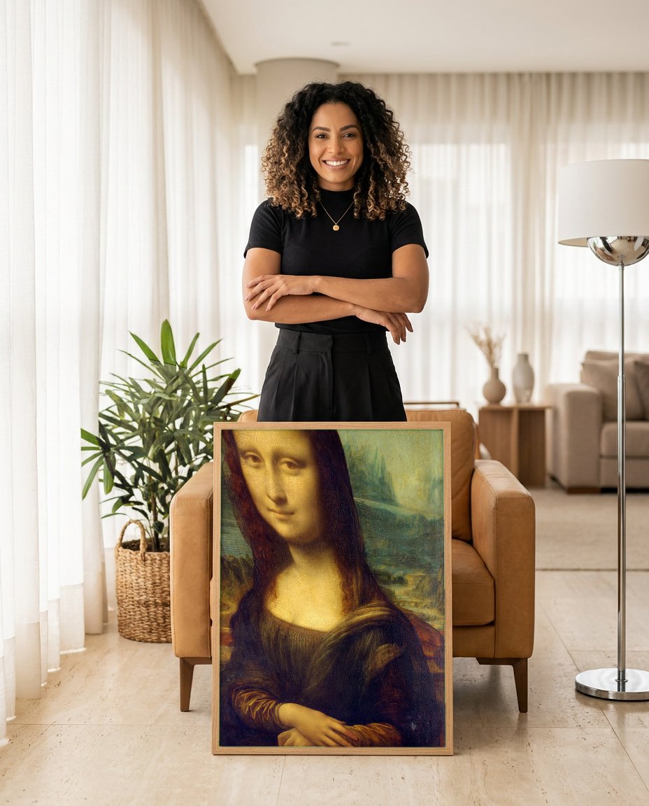 Quadro Decorativo Mona Lisa - Da Vinci com modelo em ambiente
