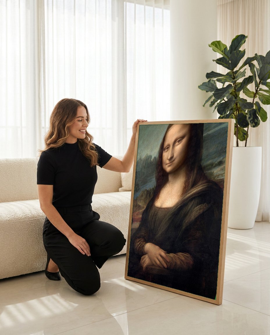 Quadro Decorativo Mona Lisa - Da Vinci com modelo em ambiente