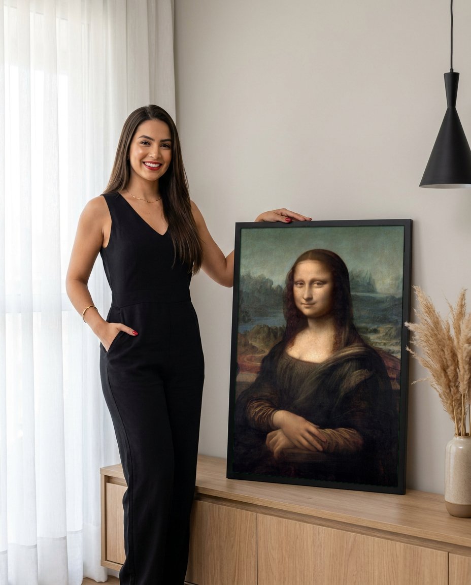 Quadro Decorativo Mona Lisa - Da Vinci com modelo em ambiente
