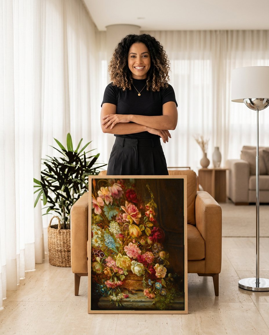 Quadro Decorativo Cesto de Flores Abundante - Hans Zatzka com modelo em ambiente