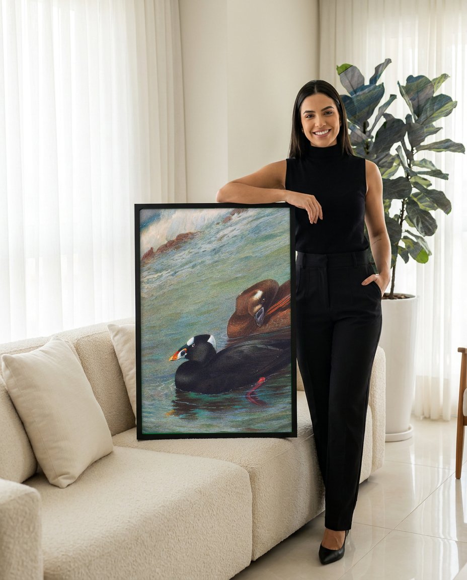 Quadro Decorativo Patos-Marinhos na Onda - Thorburn com modelo em ambiente