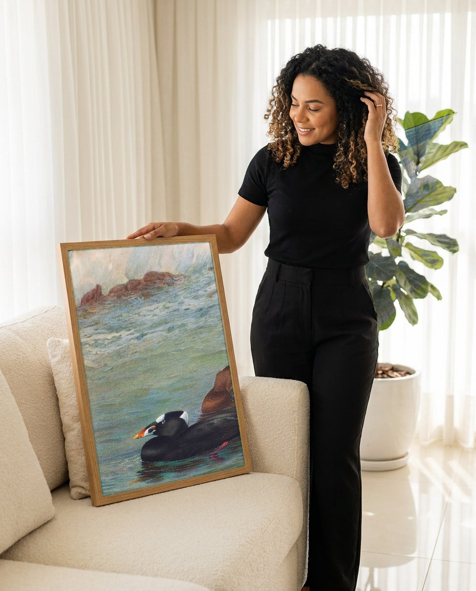 Quadro Decorativo Patos-Marinhos na Onda - Thorburn com modelo em ambiente