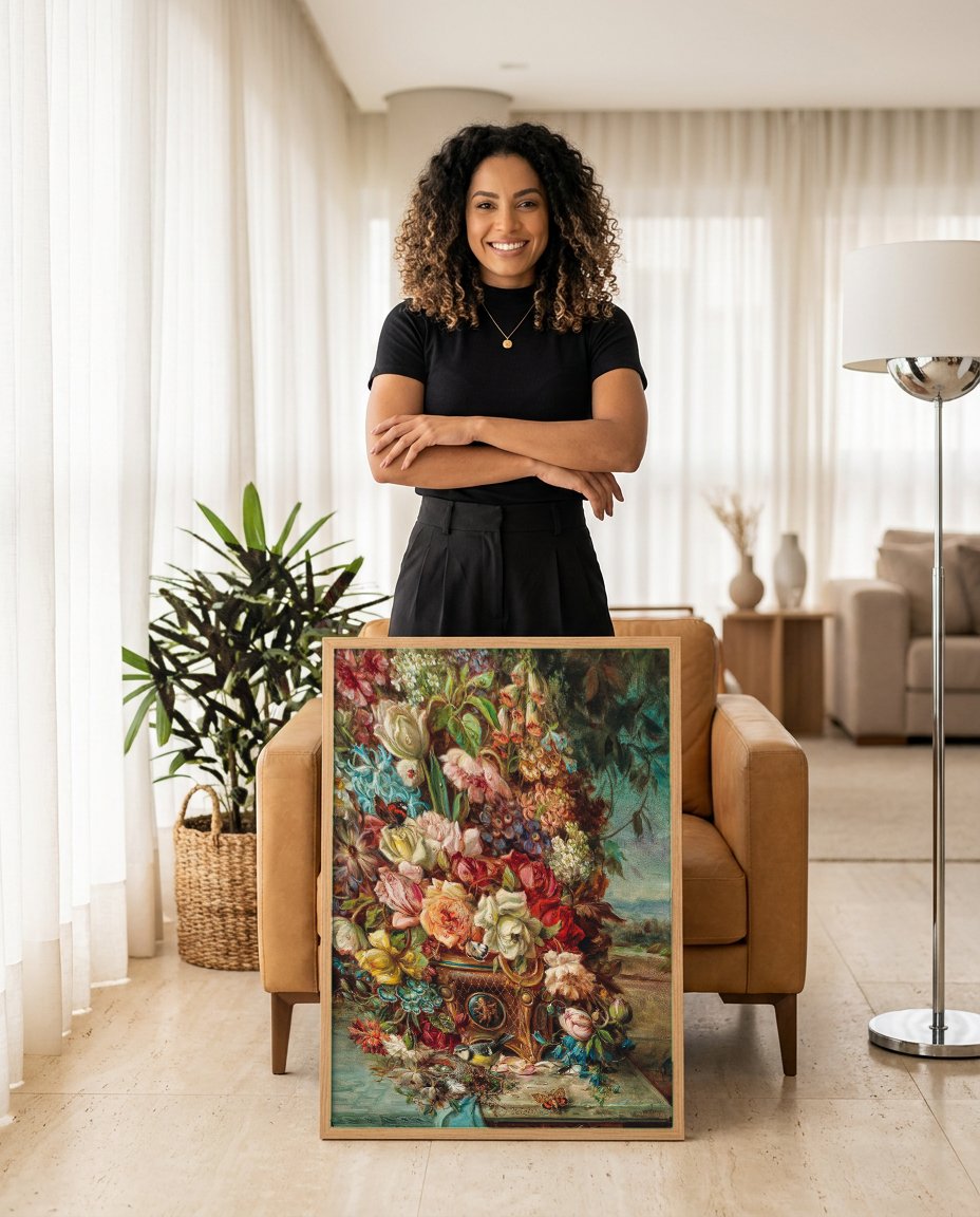 Quadro Decorativo Cesto de Flores Abundante - Hans Zatzka com modelo em ambiente