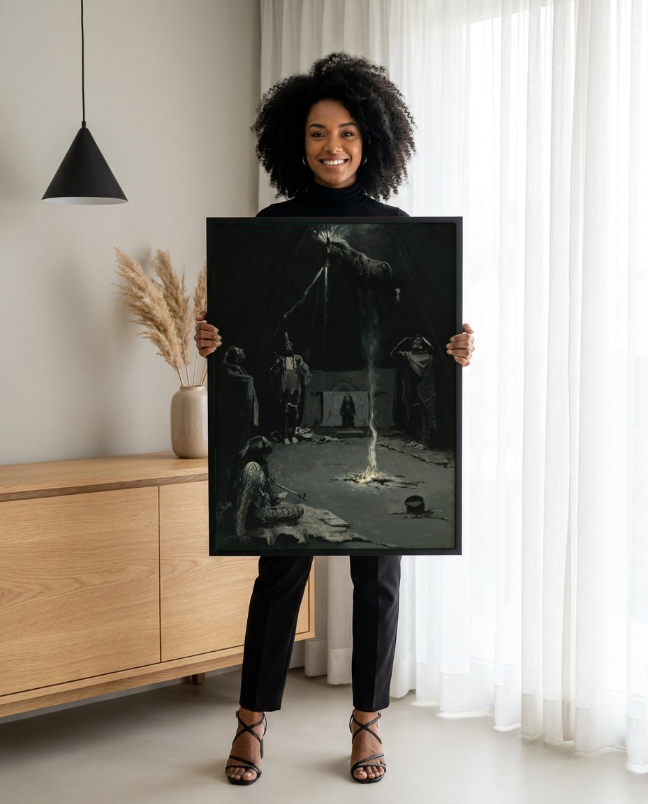 Quadro Decorativo A Invocação do Grande Espírito - Frederic Remington com modelo em ambiente