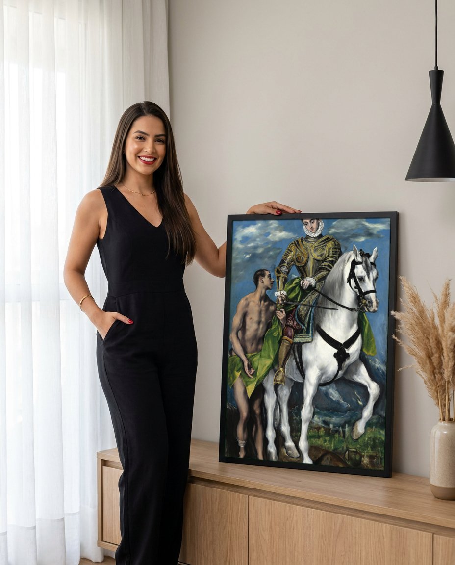Quadro Decorativo São Martinho e o Mendigo - El Greco com modelo em ambiente