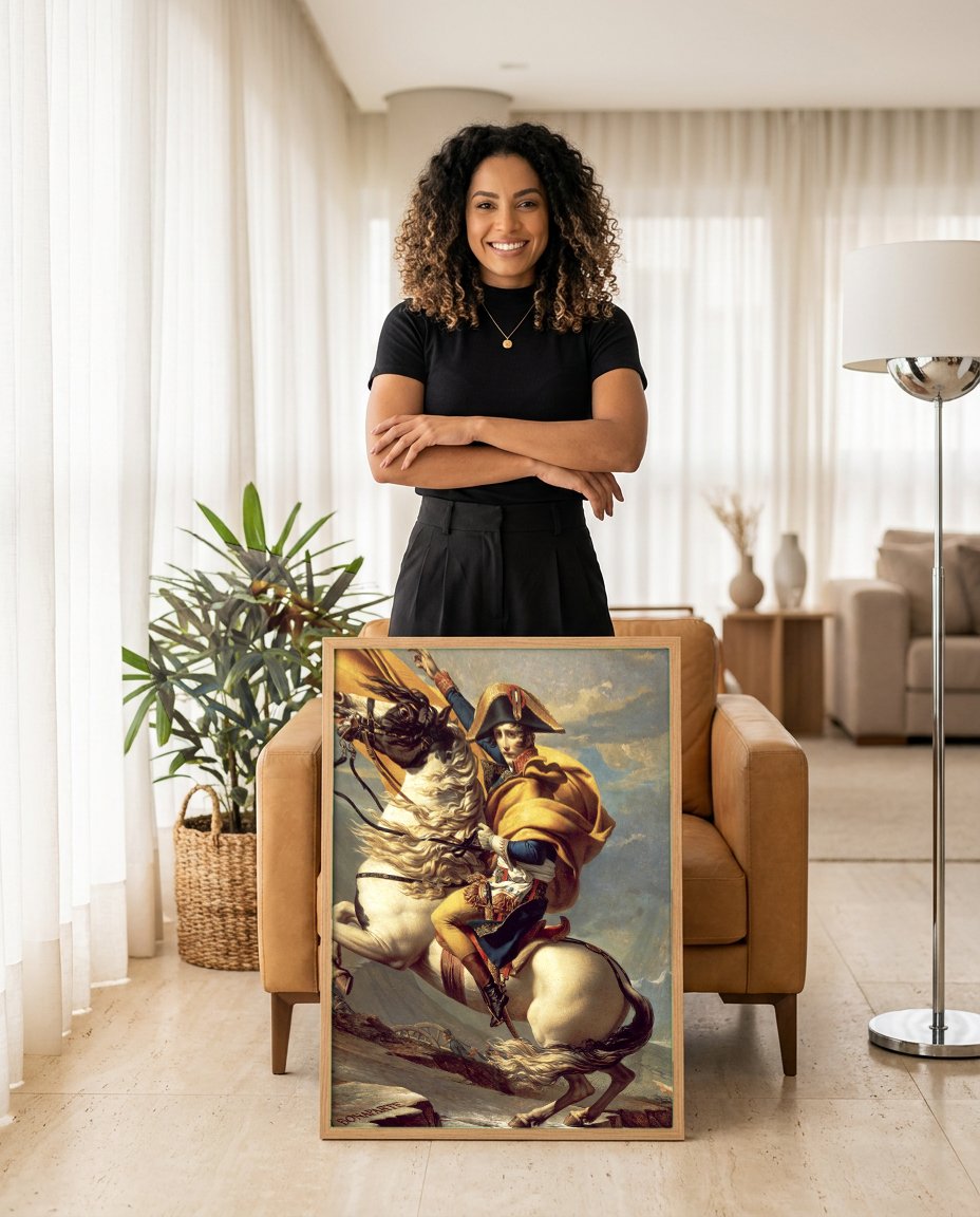 Quadro Decorativo Bonaparte Atravessando os Alpes - Jacques-Louis David com modelo em ambiente