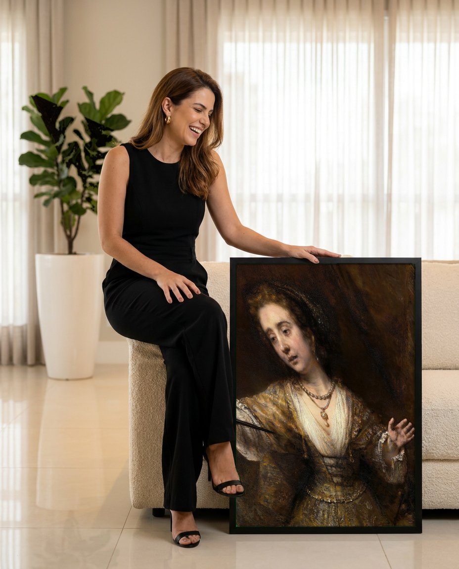 Quadro Decorativo Lucrecia – Rembrandt com modelo em ambiente