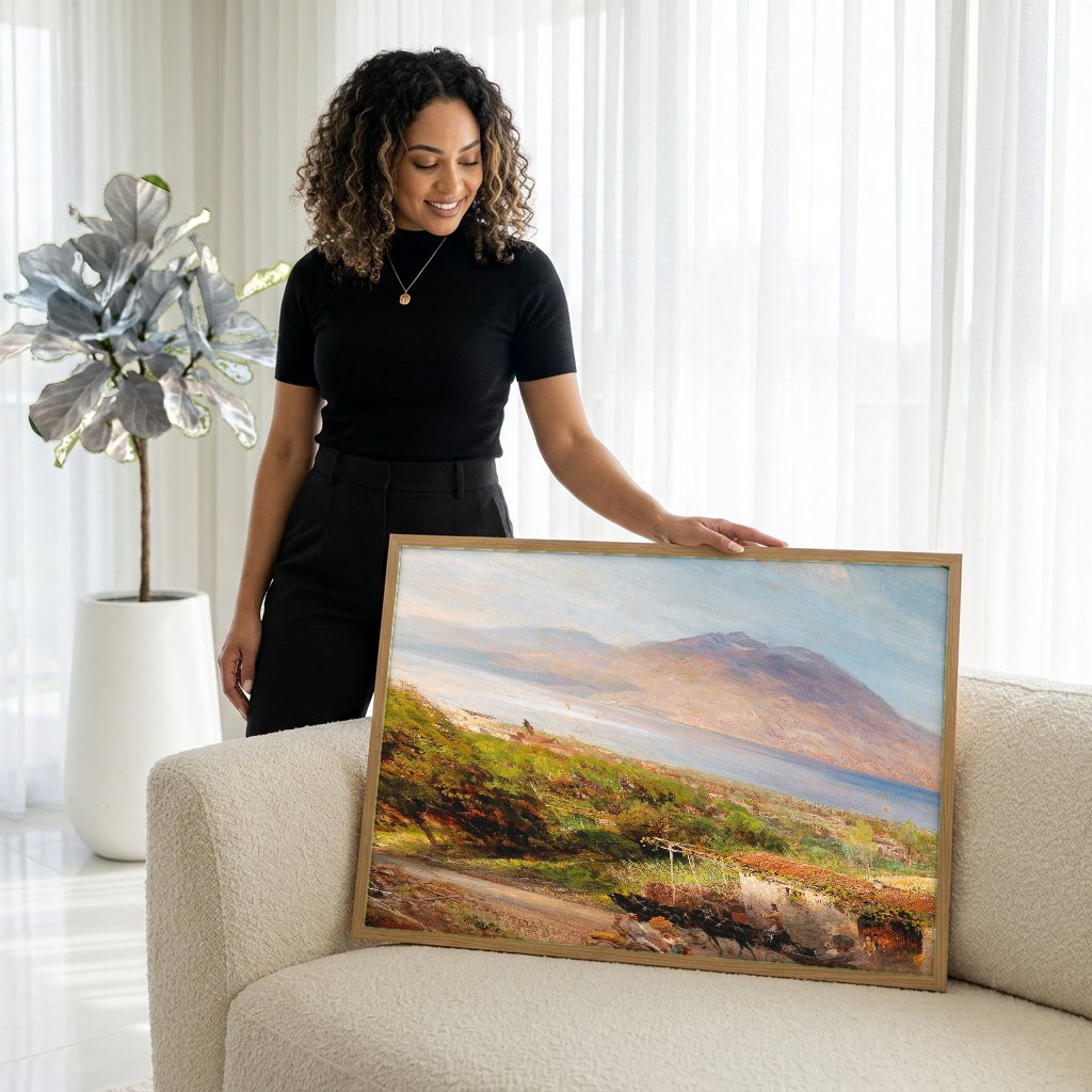 Quadro Decorativo Paisagem Mediterrânea - Oswald Achenbach com modelo em ambiente