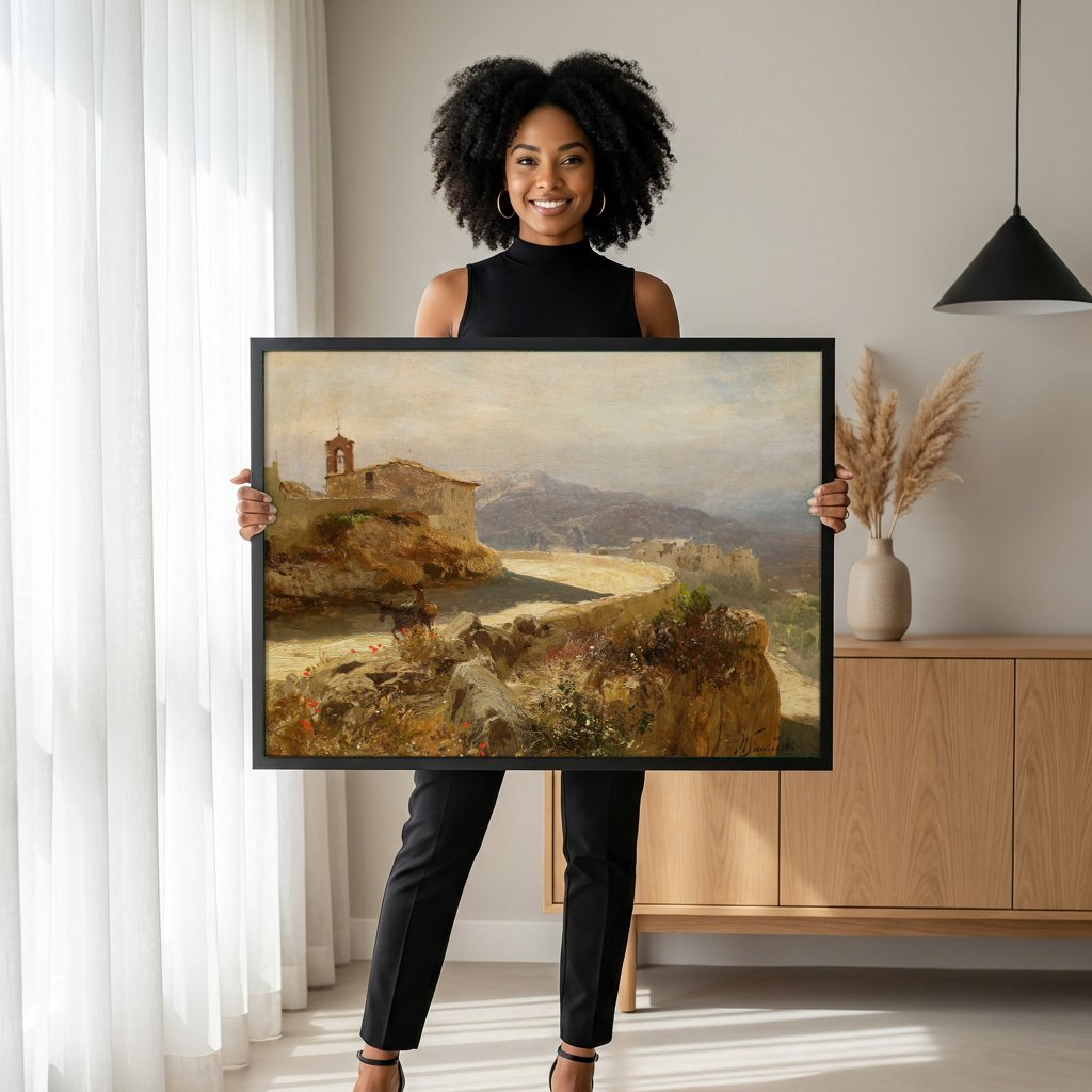 Quadro Decorativo Paisagem Mediterrânea - Henryk Siemiradzki com modelo em ambiente