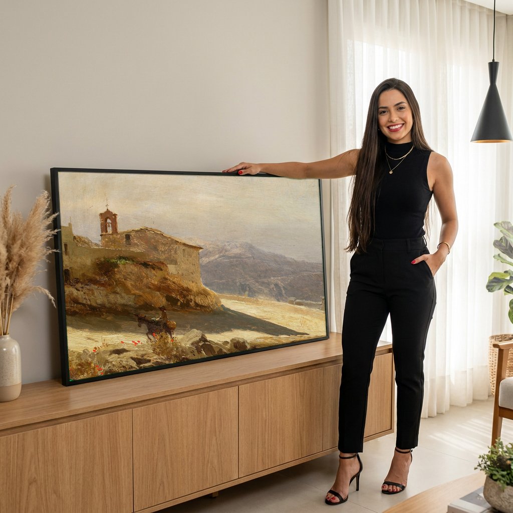 Quadro Decorativo Paisagem Mediterrânea - Henryk Siemiradzki com modelo em ambiente