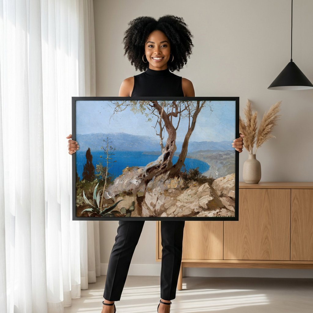 Quadro Decorativo Paisagem Mediterrânea - Henryk Siemiradzki com modelo em ambiente