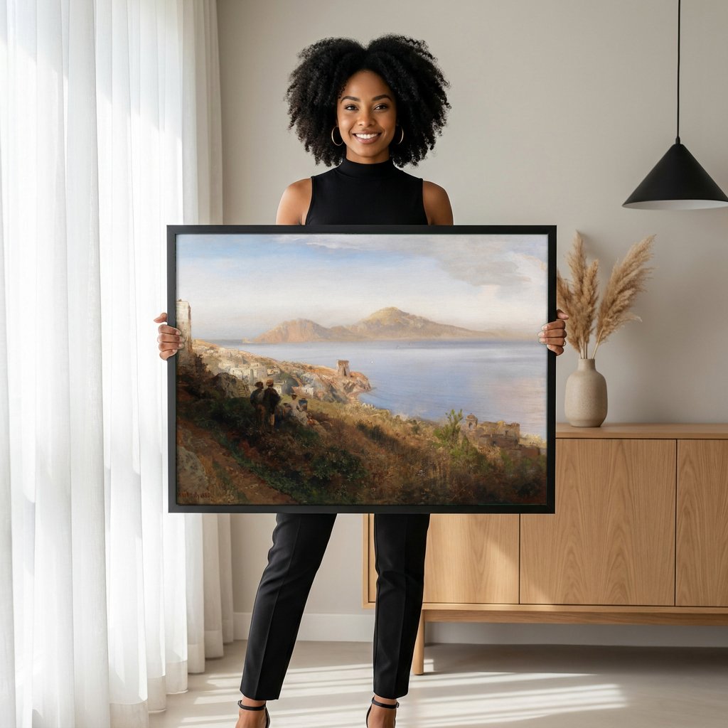Quadro Decorativo Paisagem Mediterrânea - Oswald Achenbach com modelo em ambiente
